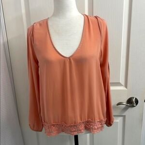 TOBI Peach Blouse With Lace Trim & Open Long Sleeves